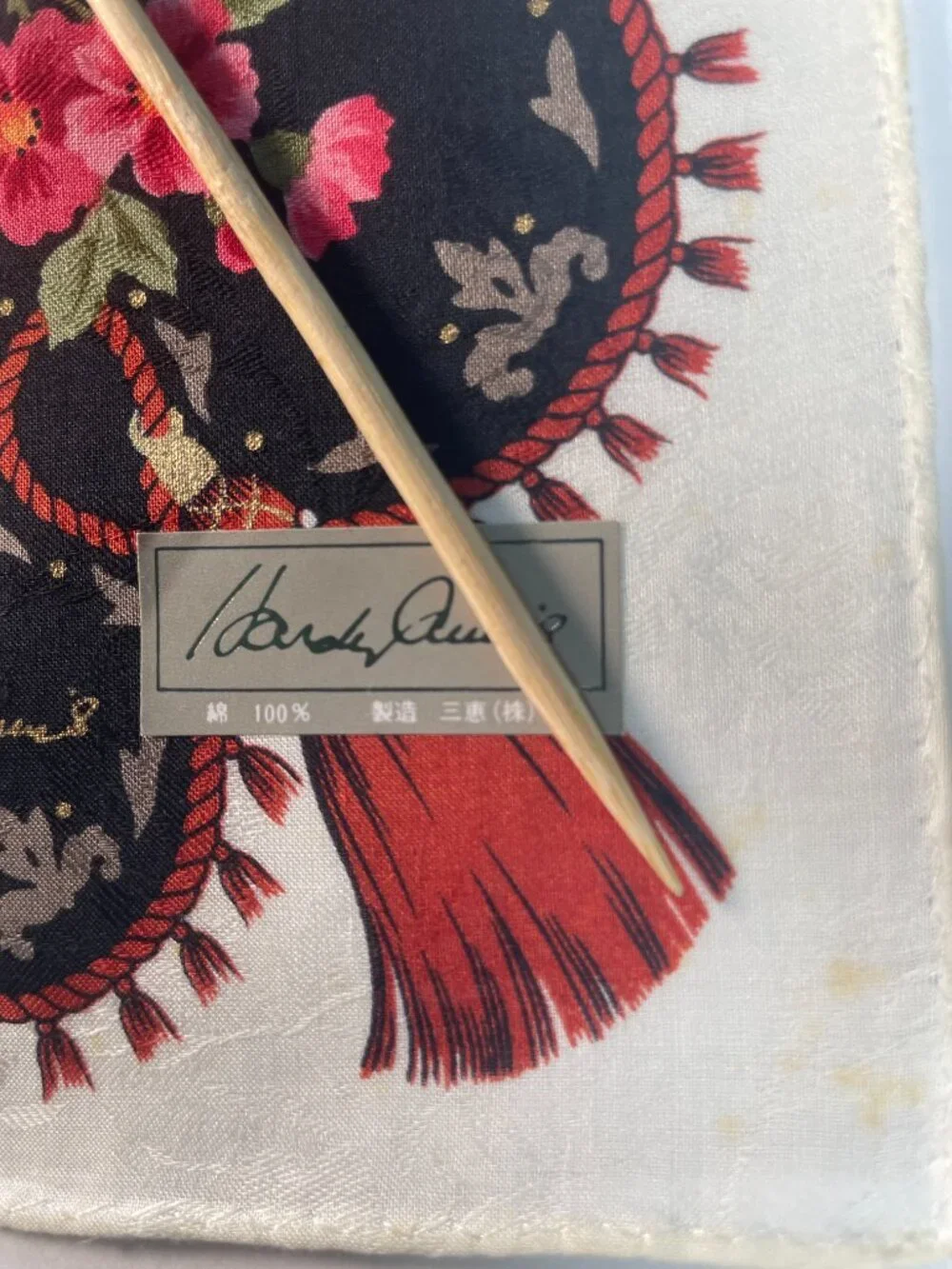 NWT Hardy Amies Vintage Floral Cotton Scarf Roses Tassel Border